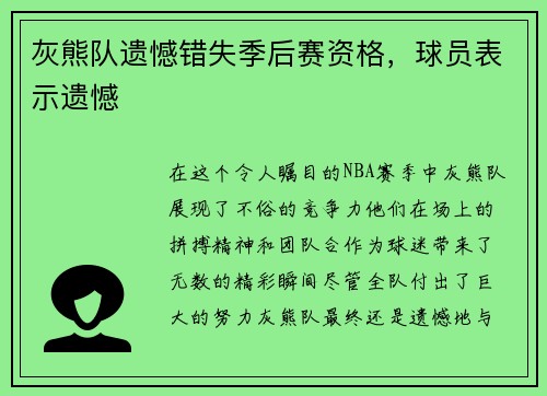 灰熊队遗憾错失季后赛资格，球员表示遗憾