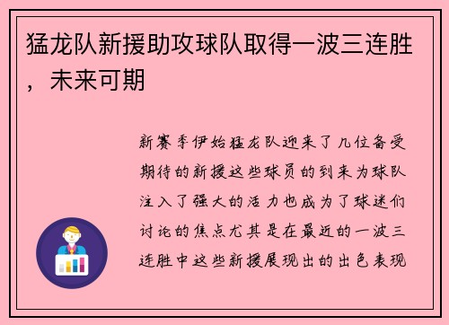 猛龙队新援助攻球队取得一波三连胜，未来可期