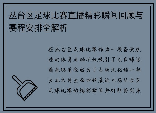 丛台区足球比赛直播精彩瞬间回顾与赛程安排全解析