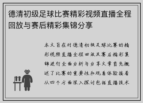 德清初级足球比赛精彩视频直播全程回放与赛后精彩集锦分享